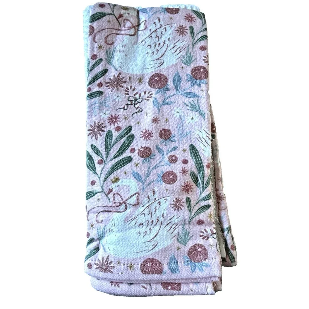 Shabby Chic Kitchen Towels Set of 3 Swans Pink Green White 100% Cotton 16X24